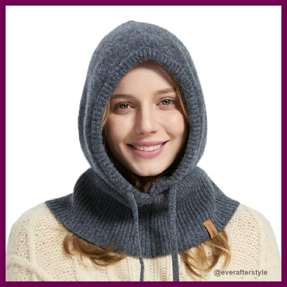 100% Merino Wool Balaclava Hooded Scarf Hat Set Winter Warm Knit Unisex main image 8